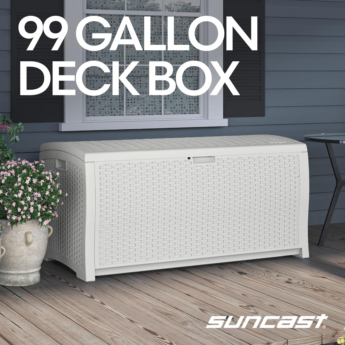 Suncast 99 Gallon Wicker Outdoor Deck Box - Water-Resistant Storage Solution for Patio & Yard, White