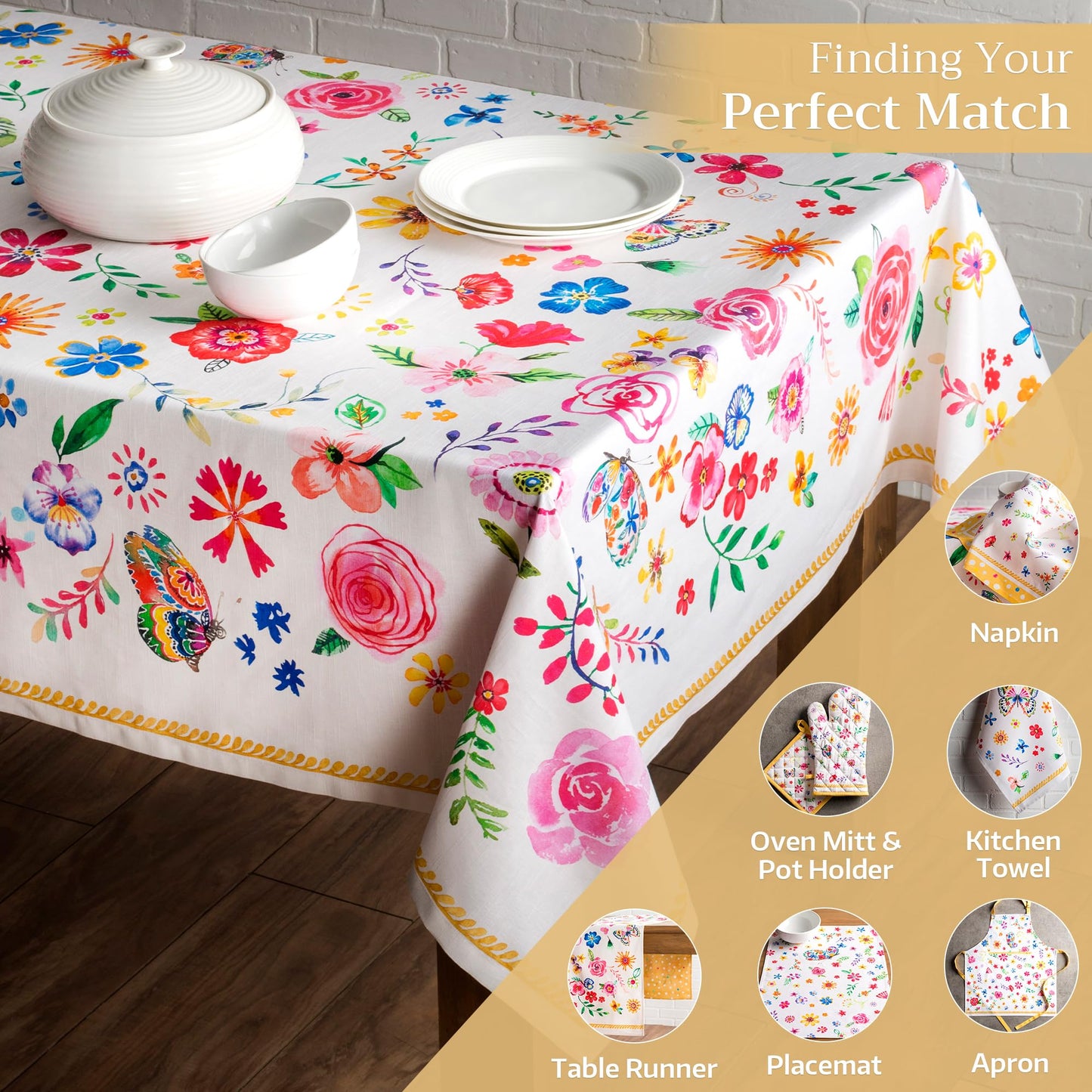 Maison d' Hermine Table Cloth Rectangle Table 100% Cotton 70 x 90 Inches Tablecloth Reusable Decorative for Dining Kitchen Farmhouse Home Gifts for Mothers Day Spring Summer - Happy Florals - Sweety