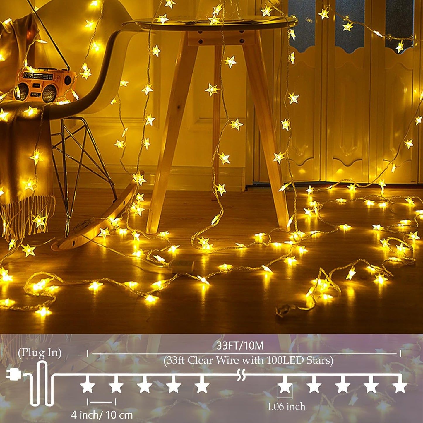 Plun Fairy Star String Lights - 100 LED Waterproof Twinkle Lights with 8 Modes | Warm White for Indoor & Outdoor Decor