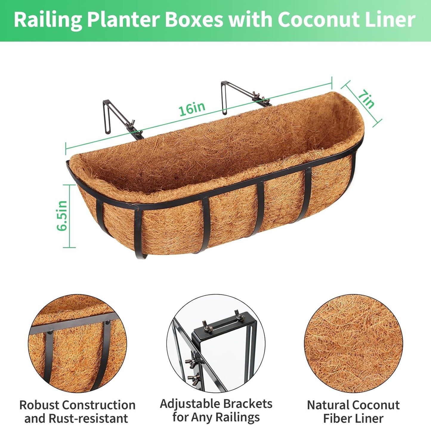 Legigo 16-Inch Window Box Planters - Durable Metal Railing Planters with Coconut Liners | 2-Pack for Outdoor Use