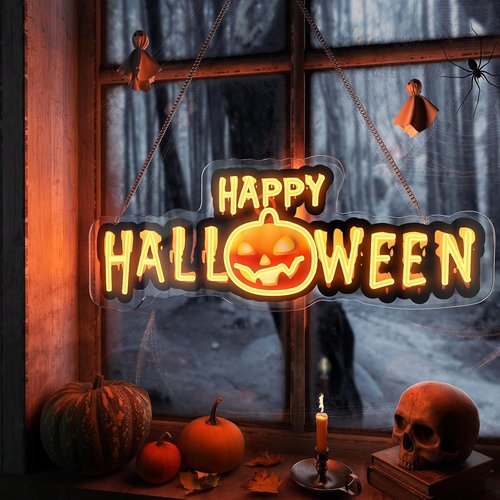 Happy Halloween Neon Sign - Dimmable Black & Orange LED Light for Spooky Party Decor | UV Print