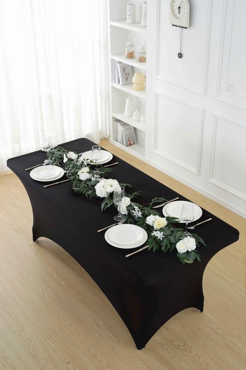Craft And Party 2 Pack 6ft Black Spandex Tablecloth – Fitted Table Cloths – Stretch Tablecloth Universal Fit for Folding Tables – Wrinkle-Free, Washable – Ideal for Parties, Weddings, Events