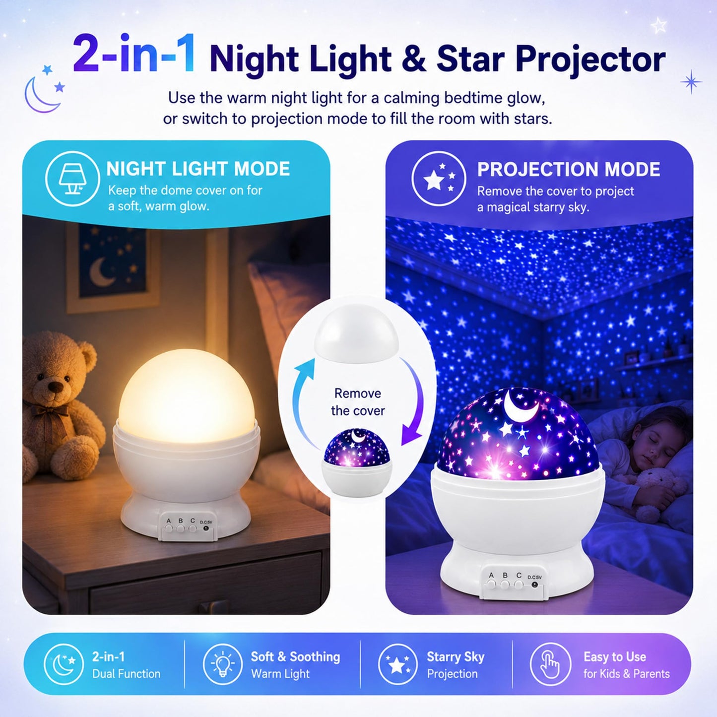MOKOQI Star Projector Night Lights for Kids, Birthday Gifts for 3 4 5 Year Old Girls and Boys, Projection Lamp for Kids Bedroom Ceiling, Stars and Moon for Child Asleep Peacefully (White)