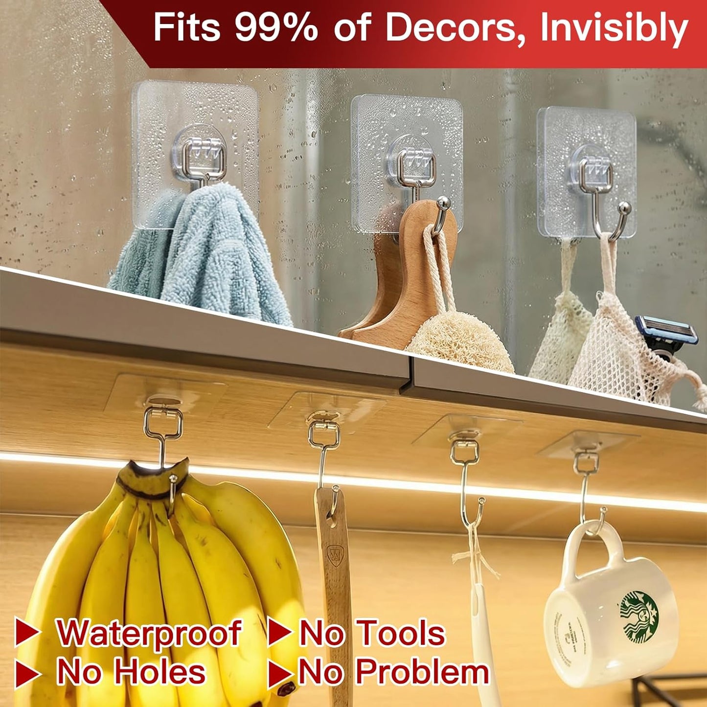 Latoxcaa Heavy-Duty Adhesive Hooks - 8-Pack Waterproof Transparent Utility Hooks for Home Improvement