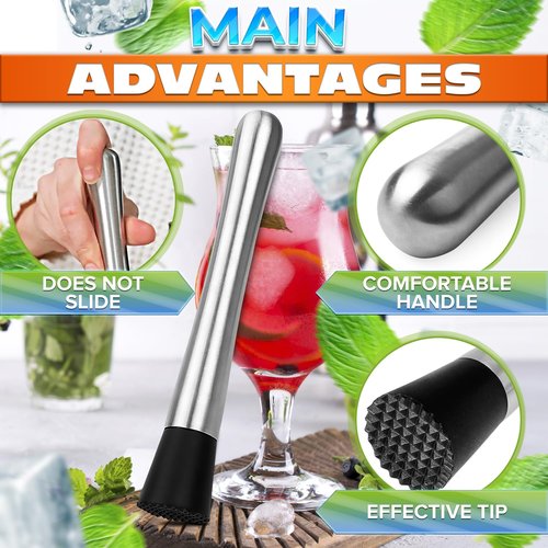 2 Pcs Bar Muddler for Cocktails - 8" Stainless Steel Muddler for Lemonade with Glass-Safe Grooved Nylon Head, Dishwasher Safe - Lemonade Stand Supplies for Mojitos, Citrus, Mint, Herb & Fruit Mixing