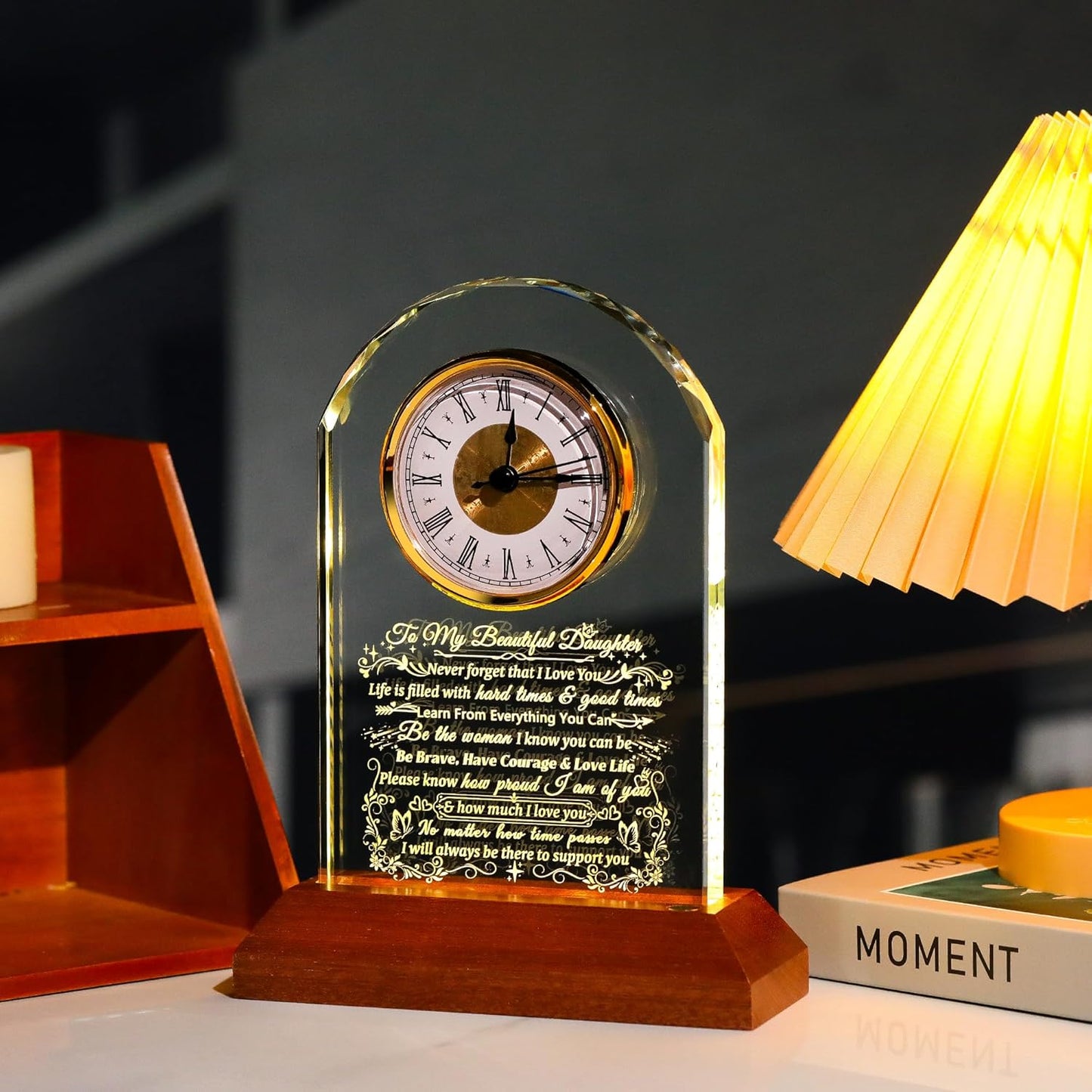 Ornalrist Glass Clock for Daughter from Mom & Dad - Heartwarming Gift with Wooden Base | Perfect for Mother's Day & Birthdays
