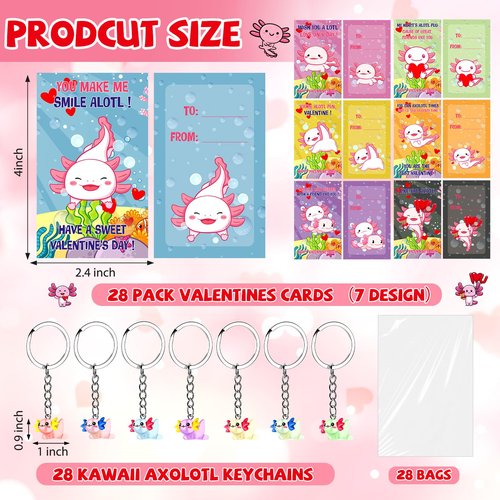 HyDren 28 Sets Valentine Axolotl Gifts for Kids Axolotl Keychains with Cards Gift for Valentine School Classroom Exchange Party Favors(Clear,Light Color)