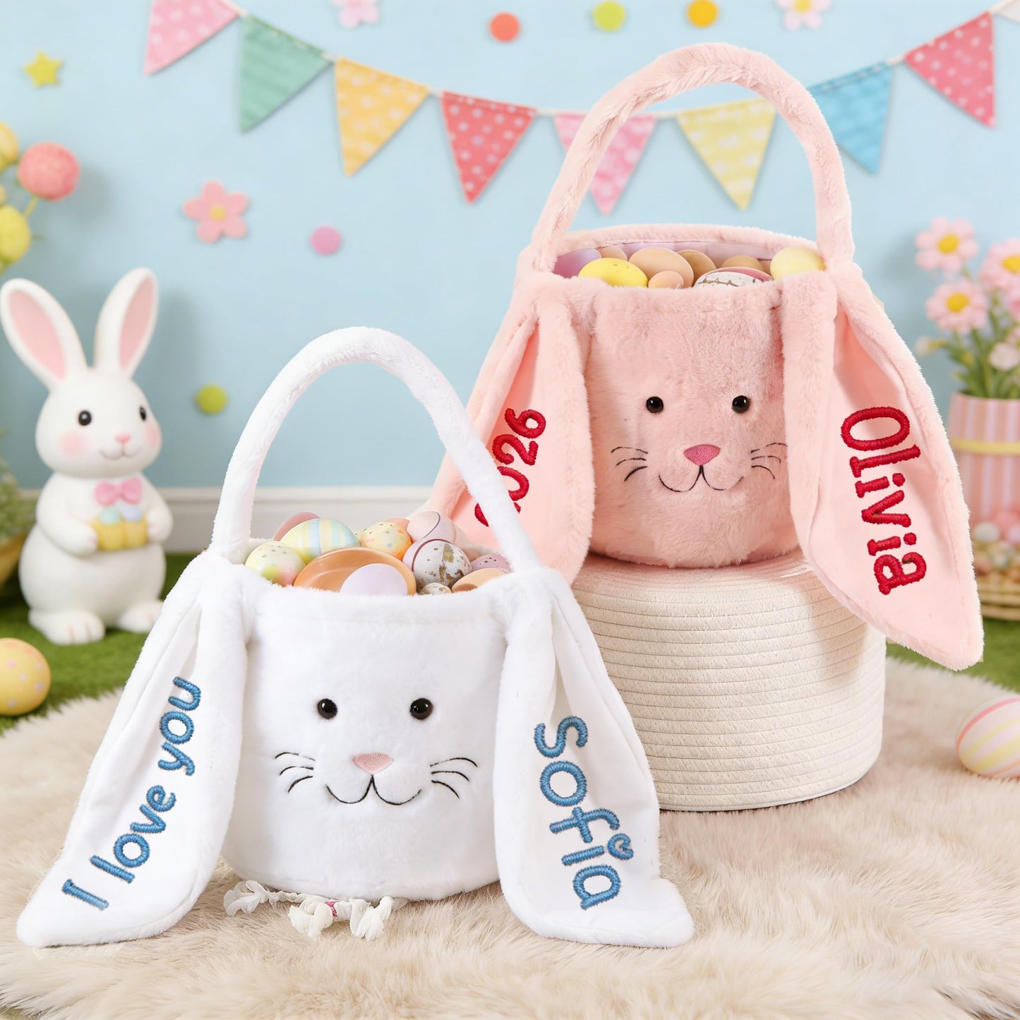 Personalized Easter Baskets for Kids, Custom Bunny Plush Bag with Name for Boys & Girls Spring Egg Hunt Tote with Long Plush Ear, Easter Gift Basket Decor Christmas Birthday Gifts