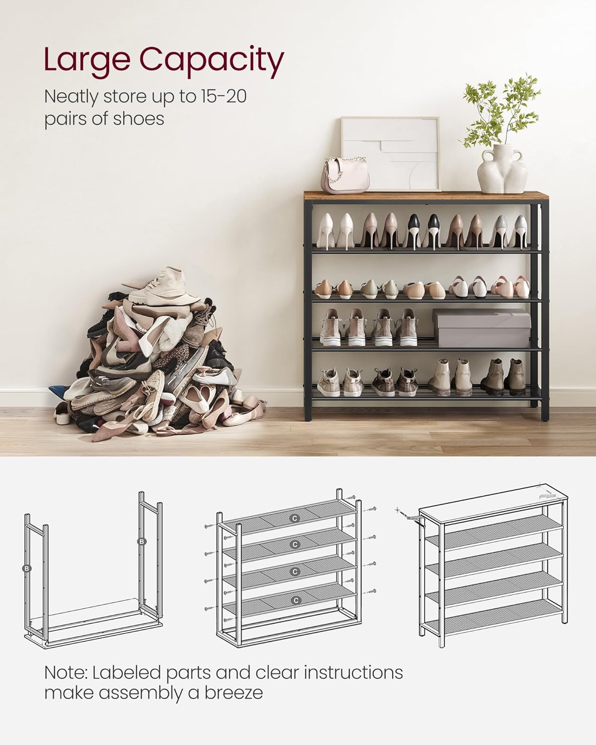 VASAGLE Shoe Rack - 5-Tier Shoe Storage Organizer with Metal Mesh Shelves for 16-20 Pairs - Rustic Brown and Black