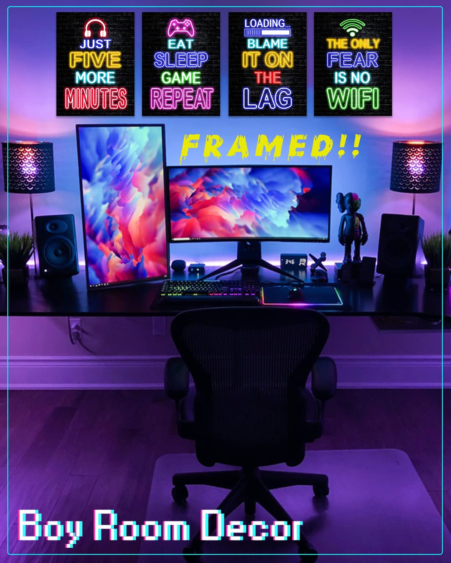 𝗗𝗿𝘀𝗼𝘂𝗺 Video Game Room Decor for Boys -𝗙𝗿𝗮𝗺𝗲𝗱12x16" Gaming Wall Art - Neon Gaming Room Decor - Game Poster - Gamer Wall Decor - Teenage Boy Room Decor