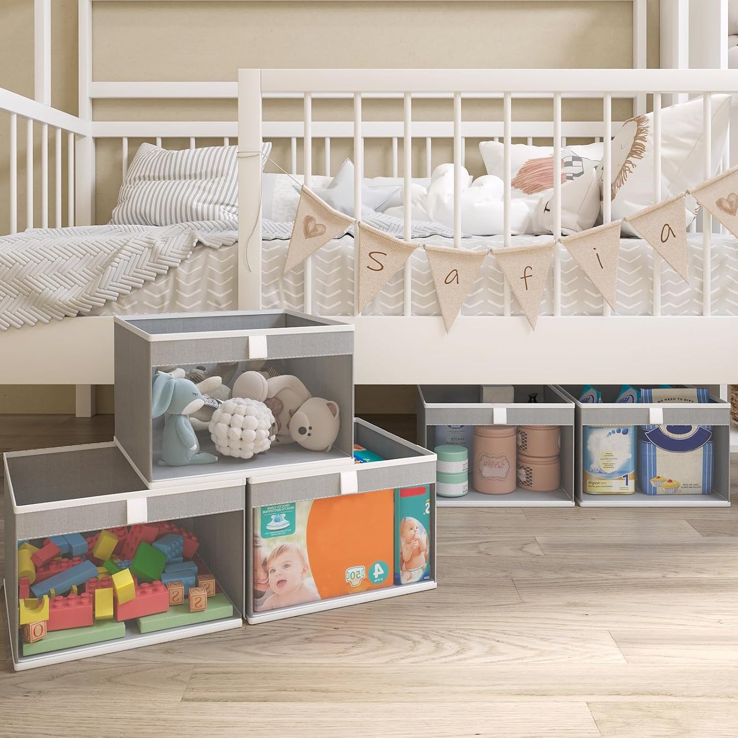 Linen Closet Organizers by [Brand Name] - Foldable Storage Bins with Mesh Window | 4-Pack Gray Baskets (12.75" x 12.75" x 9")
