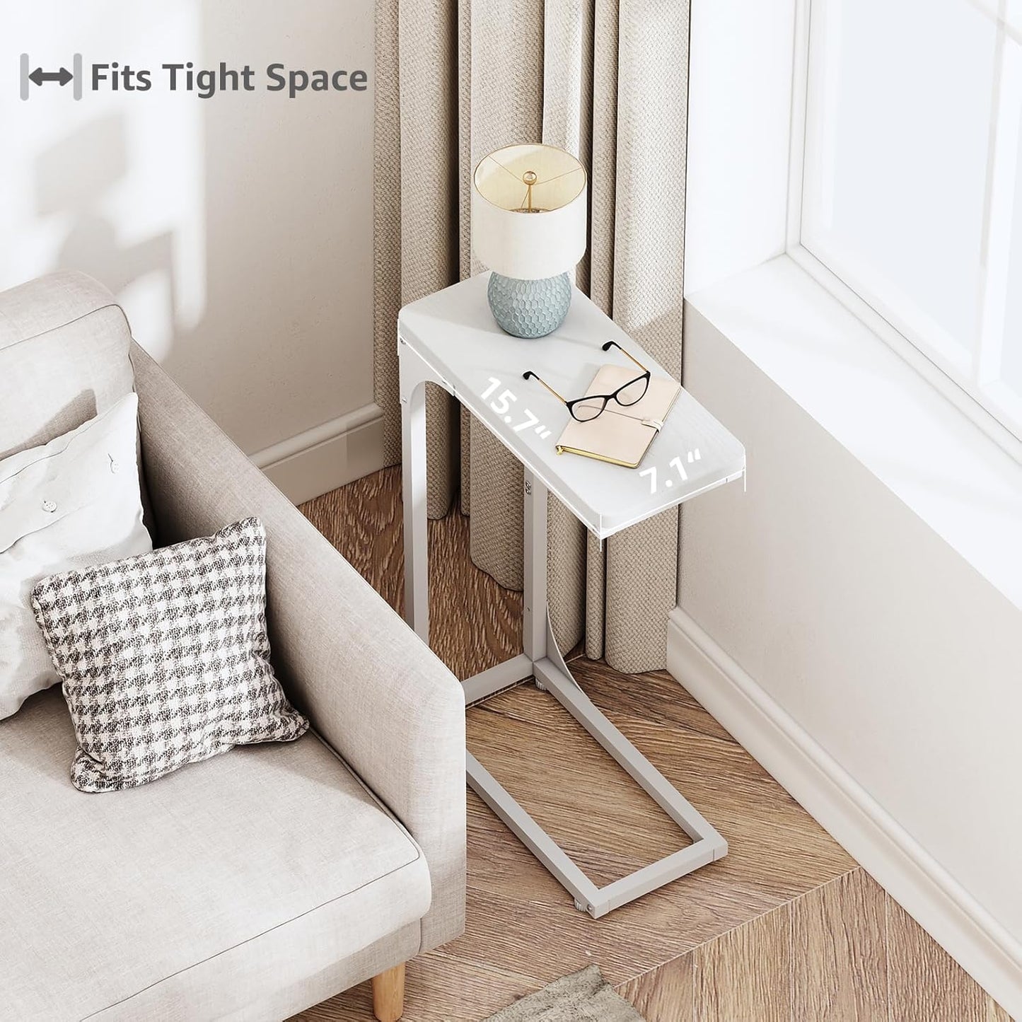 QEEIG Narrow C Shaped Side Table Set of 2 - Slim Modern Couch Tray Tables | White, 7-Inch Width