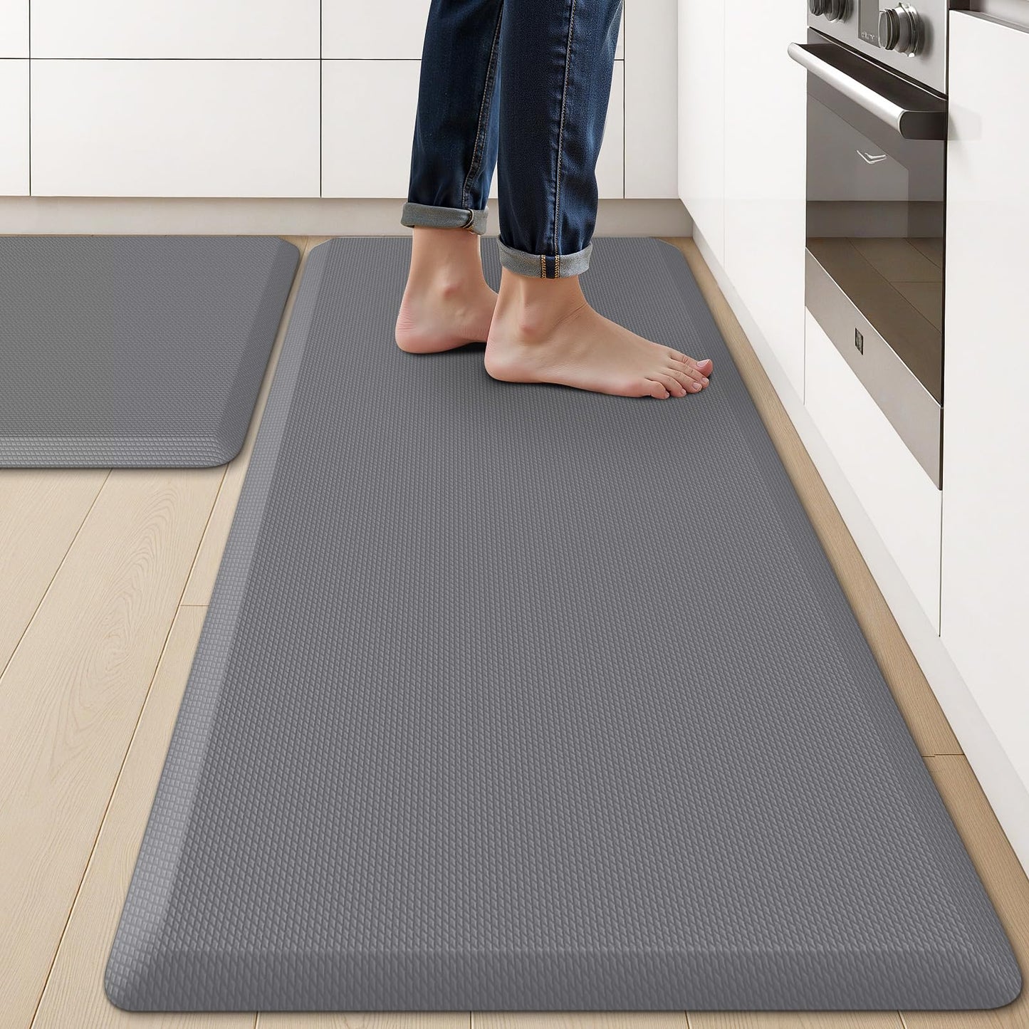 KitchenClouds 2PCS Kitchen Rugs Cushioned Anti-Fatigue Non-Slip Water Resistant Kitchen Mat Comfort Foam Standing Mat for Floor Office Sink Laundry (Grey)