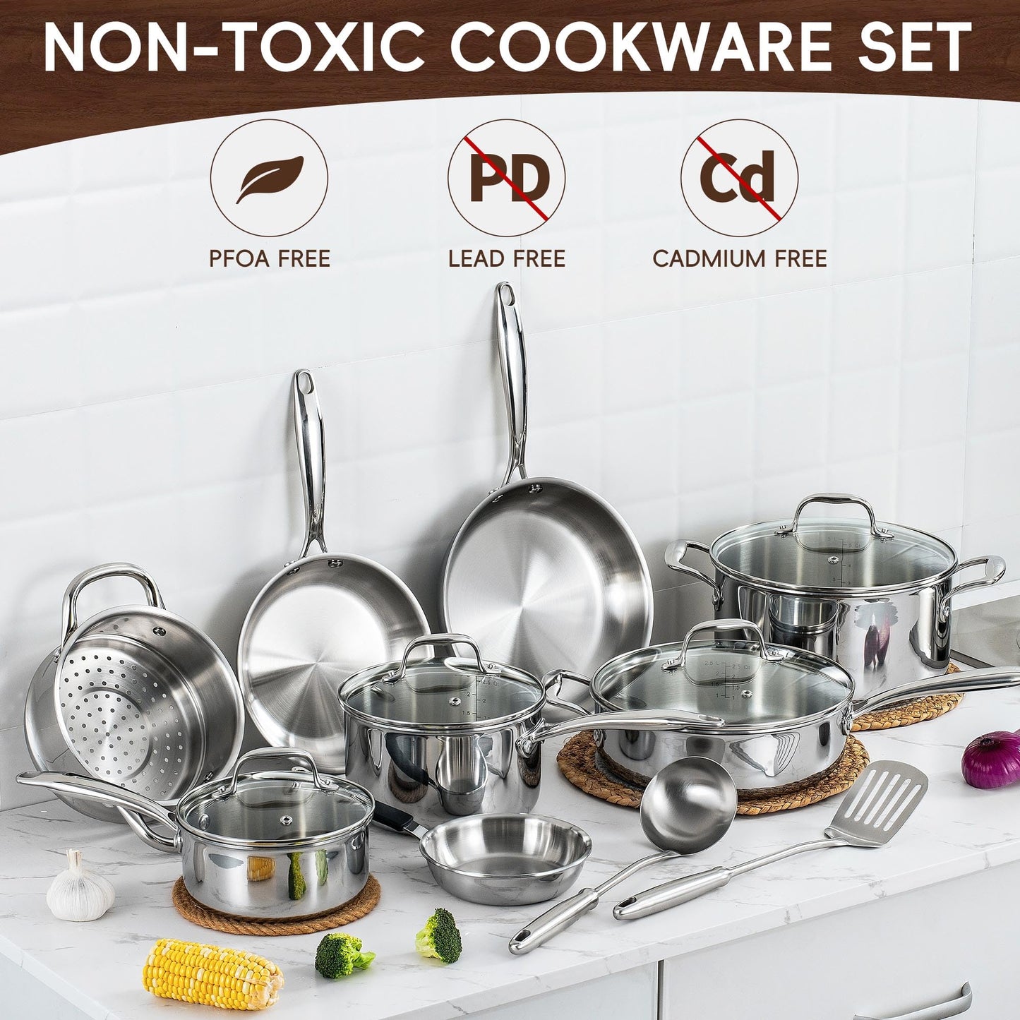 SuperCook Tri Ply Stainless Steel Cookware Set, 16-Piece Pots and Pans Set with Kitchen Utensils and Steamer, Non-Toxic, Multiclad, Induction Oven Compatible, Dishwasher Safe