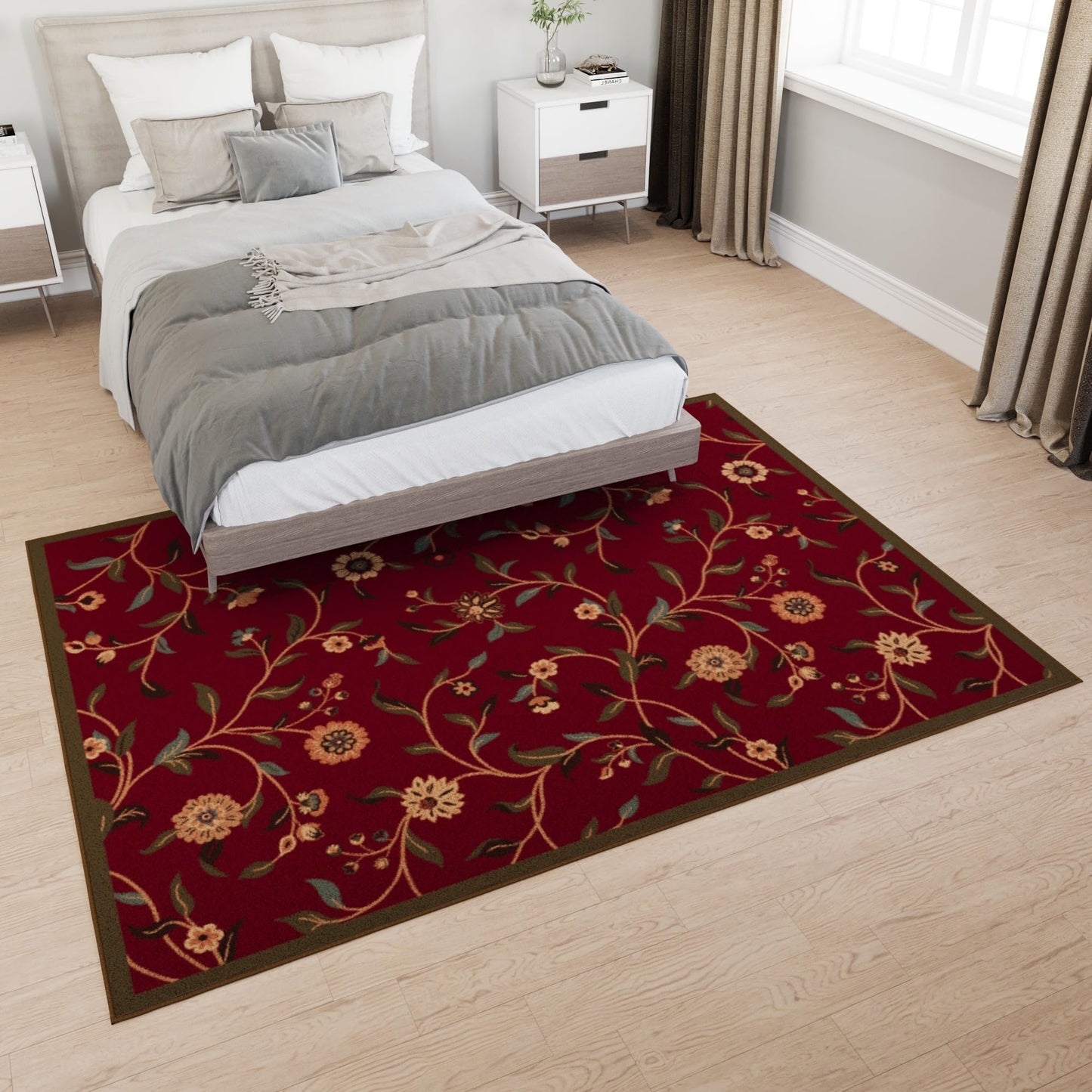 Ottomanson 5' x 6'6" Rugs for Living Room Floral Area Rug for Bedroom - Non Slip Durable Large Floor Carpet for High Traffic Areas - Indoor Rug for Dining Room Kitchen Kids Playroom, Red