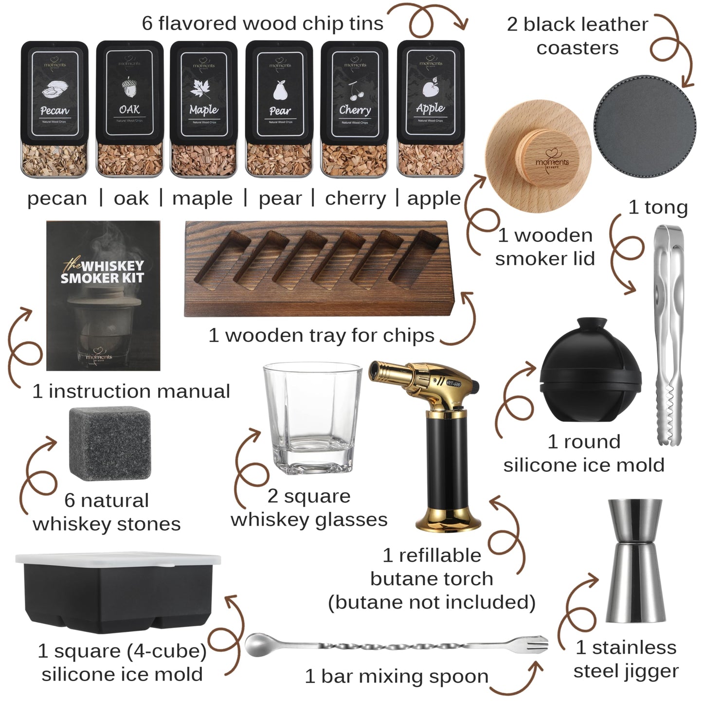 Moments by KEFF Premium Whiskey Smoker Kit – Wooden Gift Box with Torch, Smoker Lid, Square Glasses, Leather Coasters, 6 Wood Chips with Tray, Whiskey Stones, Ice Molds, Mixing Tools & Instructions