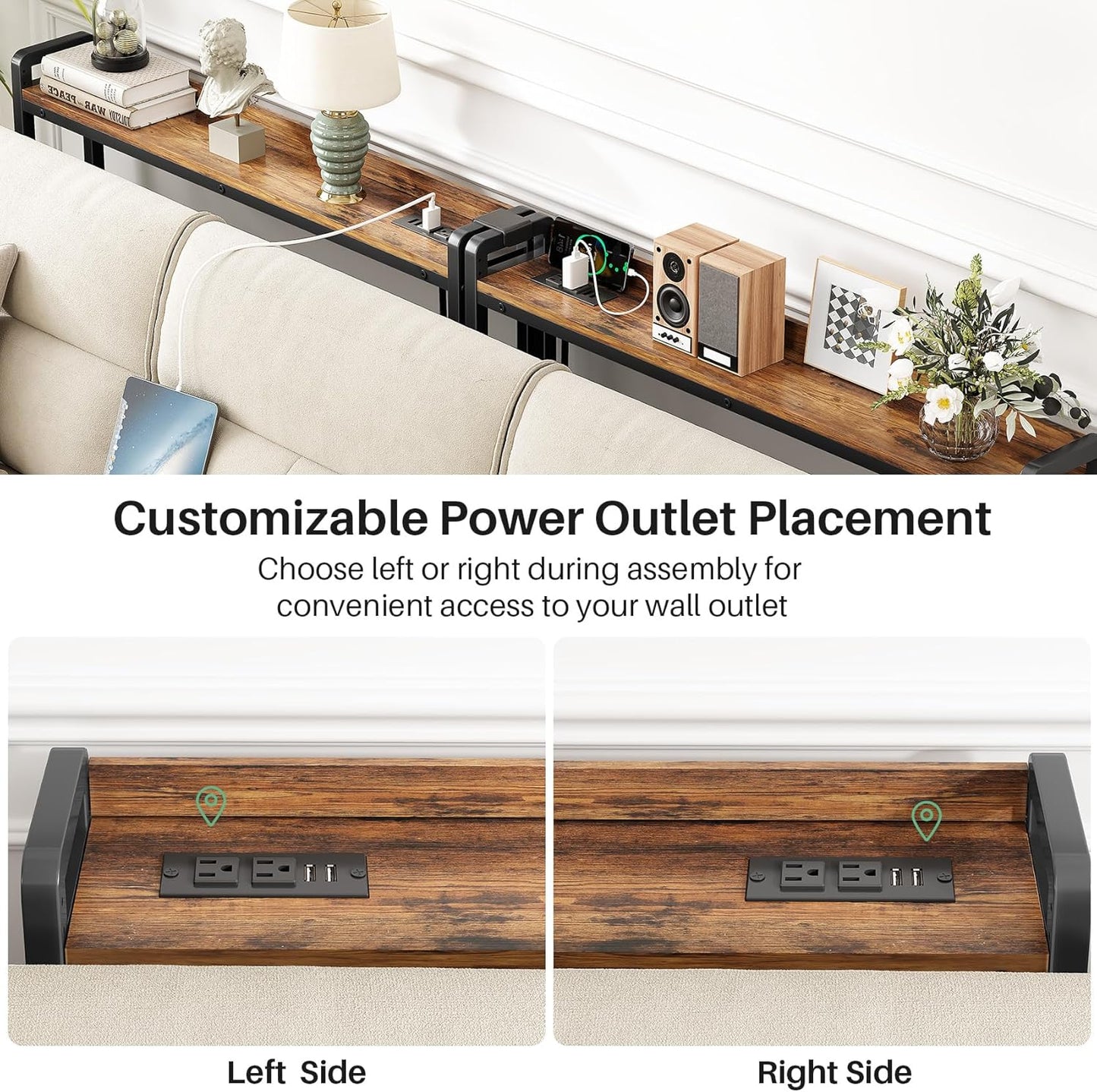 Kitstorack Narrow Entryway Console Table - 2-Pack with Elevated Rear Fence & 2 Power Outlets | 79" Long x 5.9" Wide x 33.3" High, Brown