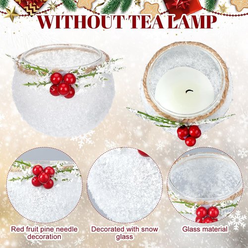 Funnymoom Christmas Votive Candle Holders - 6 Pcs Snowy & Red Berry Design for Table Centerpiece | Indoor Decor