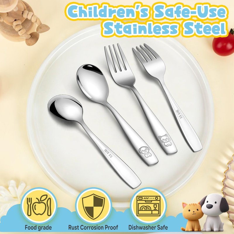 LIANYU 12 Pieces Kids Silverware Set, Stainless Steel Toddler Utensils, Food Grade Toddler 6 Forks and 6 Spoons for Self-Feeding, Metal Kids Cutlery Set with Cute Pattern, Dishwasher Safe