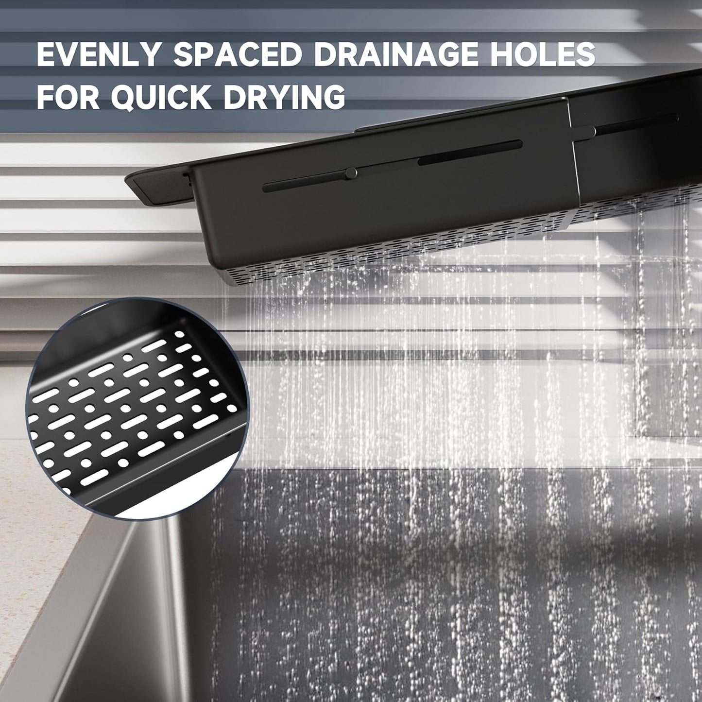 NiHome Extendable Over Sink Kitchen Organizer - Adjustable Sponge & Brush Rack with Non-Slip Pads (Black)