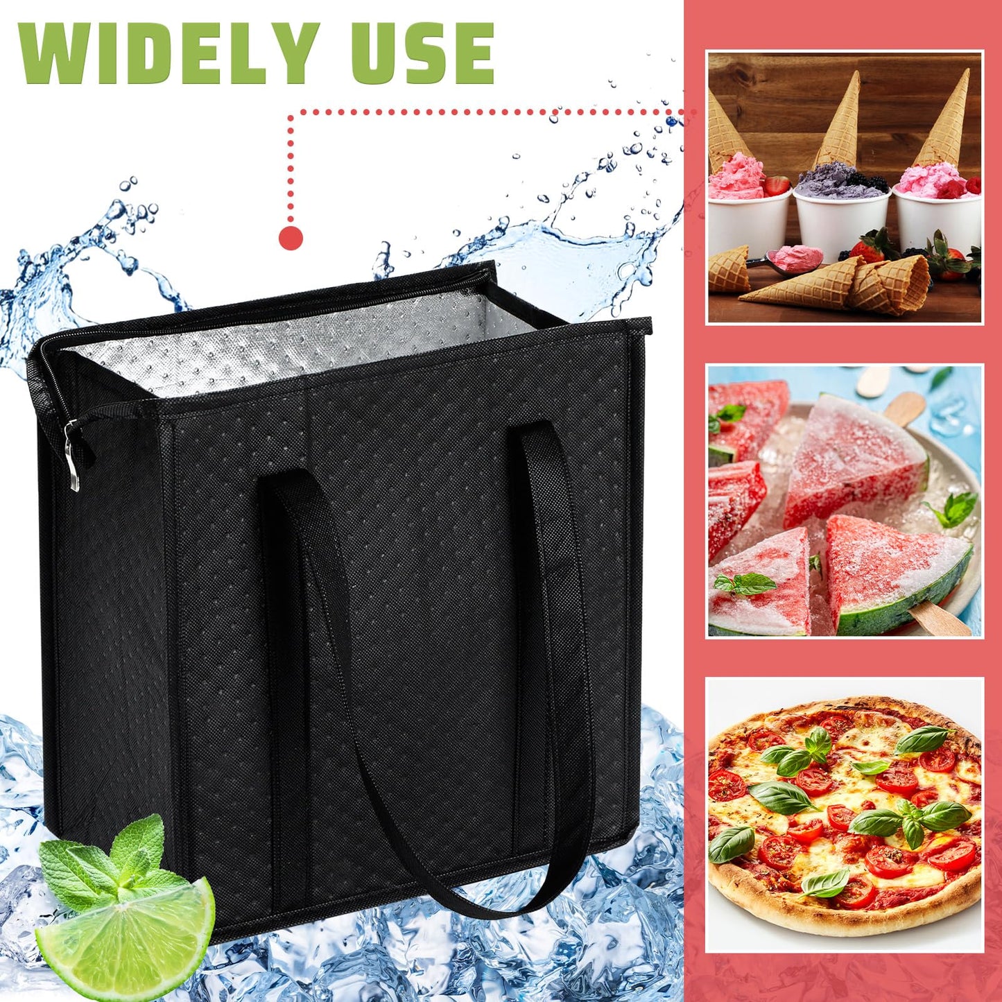 Paterr 4 Pcs Insulated Grocery Bags Insulated Cooler Tote Bag Reusable Collapsible Cooler Totes with Zipper Top for Shopping(Black)