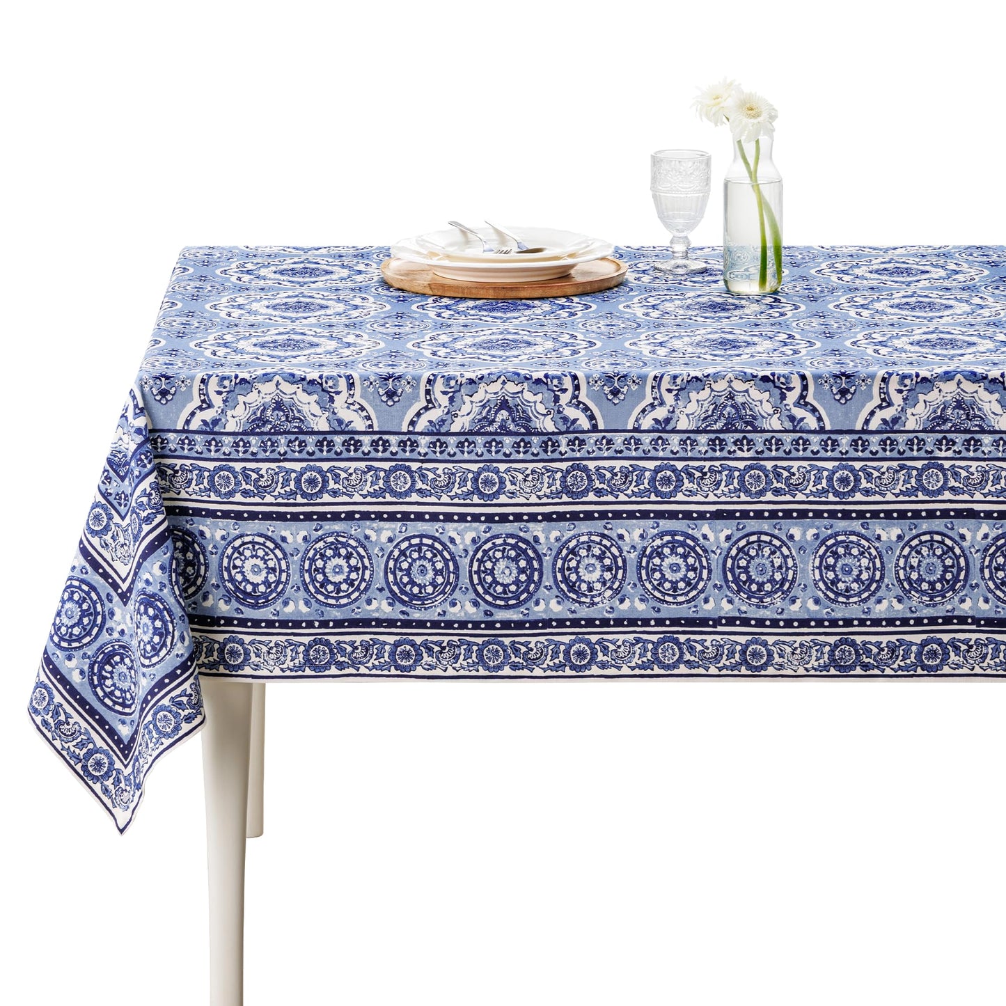 Maison d' Hermine Table Cloth Rectangle Table 100% Cotton 70 x 90 Inches Tablecloth Reusable Decorative for Dining Kitchen Room Farmhouse Home Gifts for Mothers Day Spring Summer - Melodie Bleue