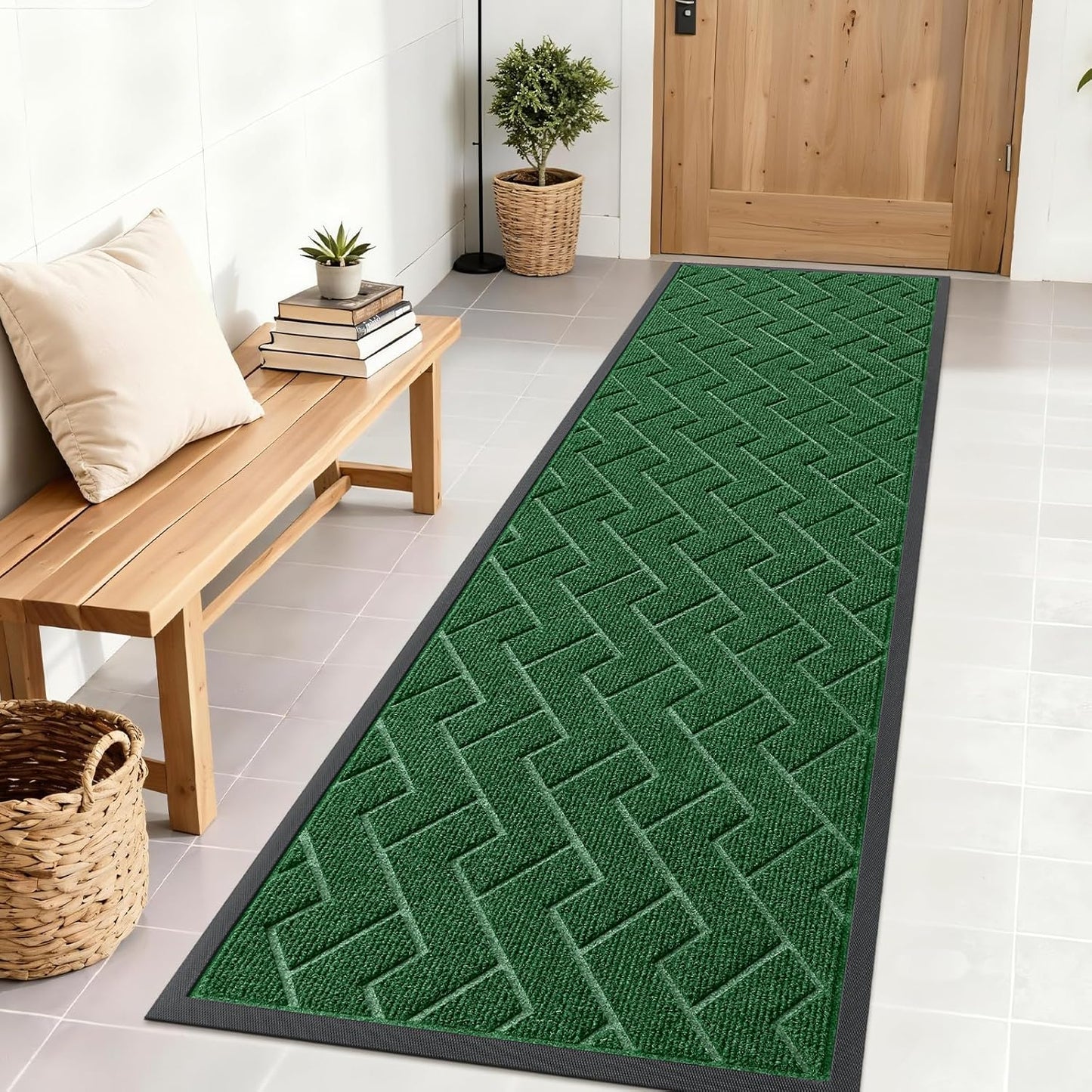 OLANLY Waterproof Front Door Mat - All-Season Herringbone Design | Sturdy Natural Rubber, Easy Clean (Green, 71x23)