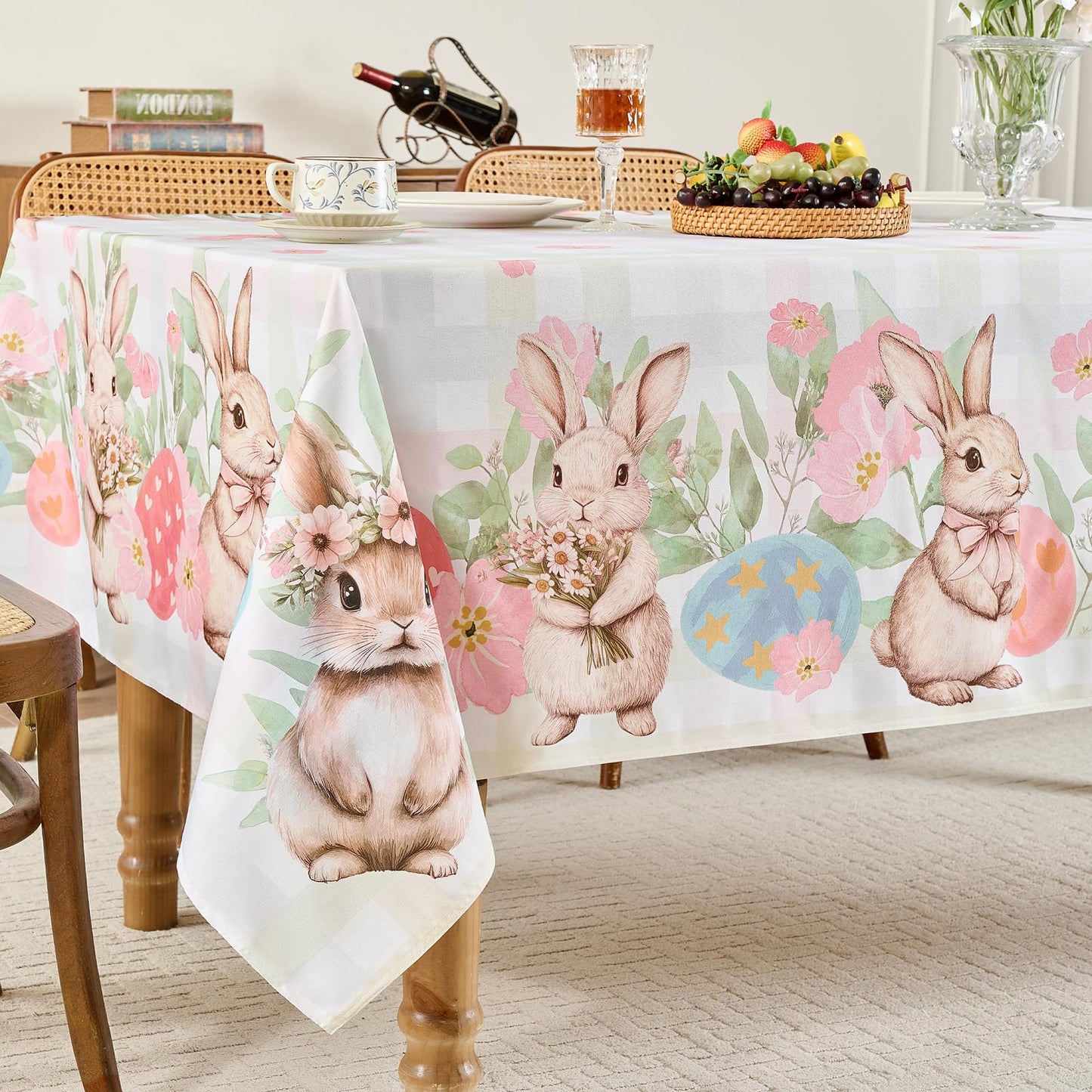 Romanstile Spring Easter Rectangle Tablecloth 60 x 84 Inch, Bunny & Eggs Buffalo Check Plaid Table Cloth Waterproof Fabric Table Cover for Dinner Picnic Indoor Outdoor, Gradient