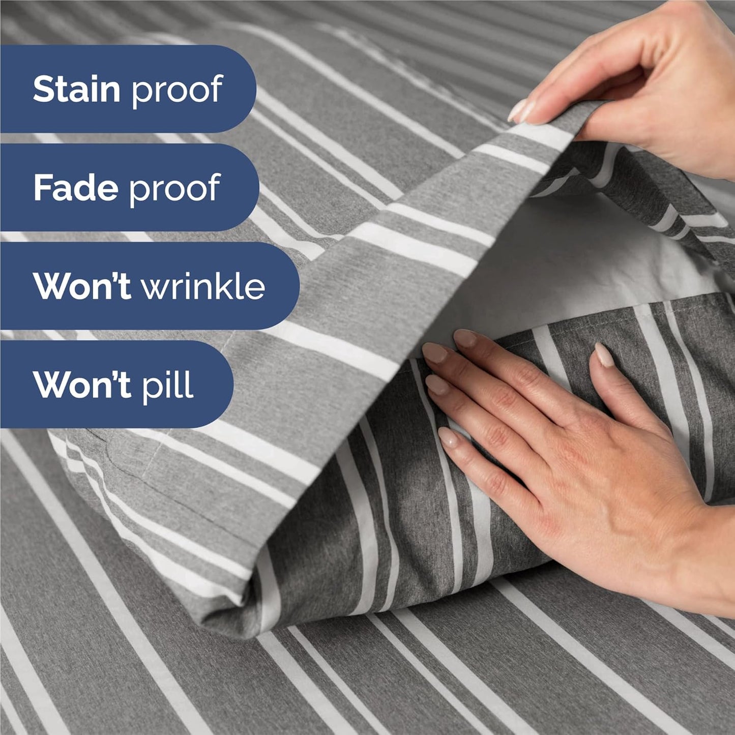Split King Size 5-Piece Sheet Set | Comfy Cooling Bed Sheets - Luxury Hotel Quality - Grey Stripes