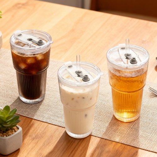 GGOLDMER 4 Pack Glass Tumblers with Lids and Straws, 20oz Iced Coffee Cups with Lids Reusable for Juices, Smoothies, Cocktail, Beer, Tea and Latte - Ribbed Design & Thick Glass