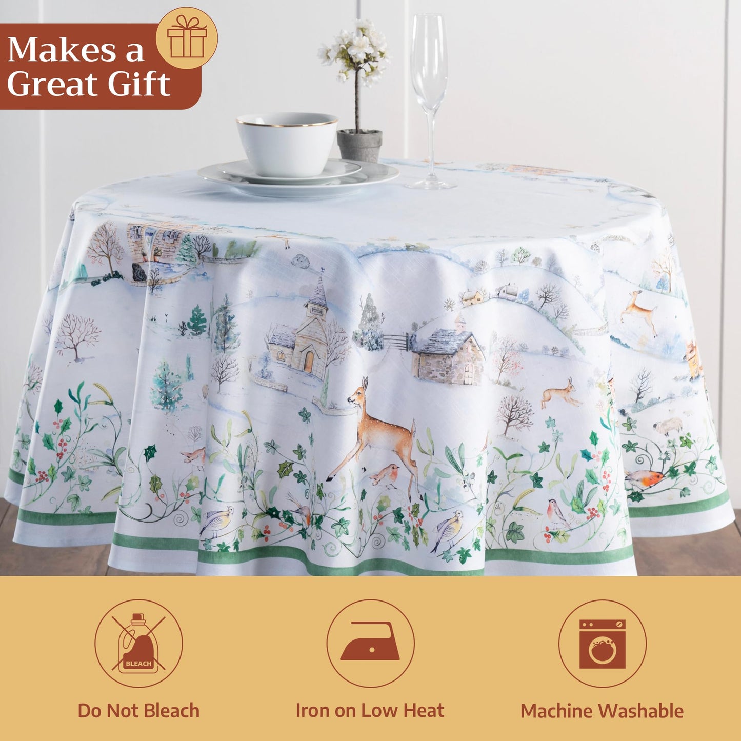 Maison d' Hermine Table Cloth Round Table 100% Cotton 69 Inches Fall Tablecloth Reusable Everyday Use for Thanksgiving Christmas Decorations Dining Farmhouse Party (Snowy World)