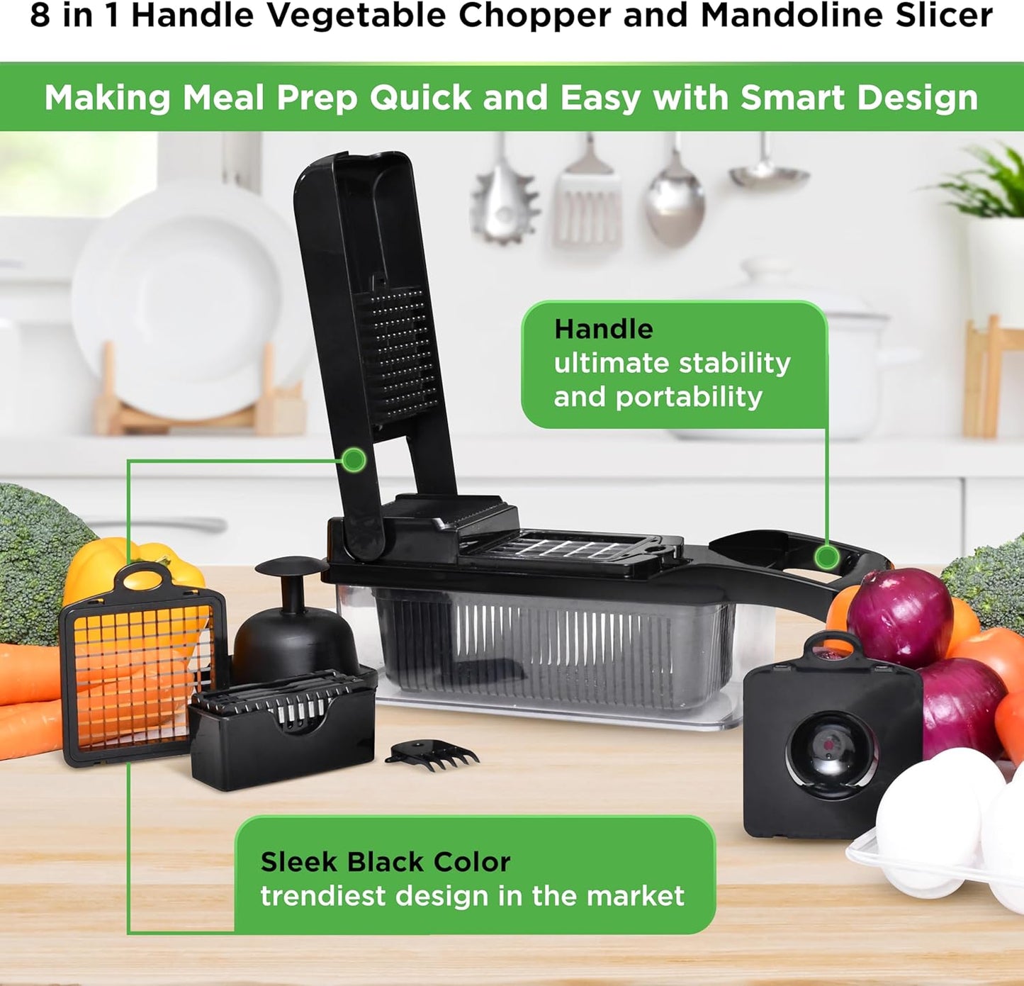 PrepNaturals Vegetable Chopper - 8-in-1 Food & Onion Chopper with Container | Versatile Mandoline Slicer in Black