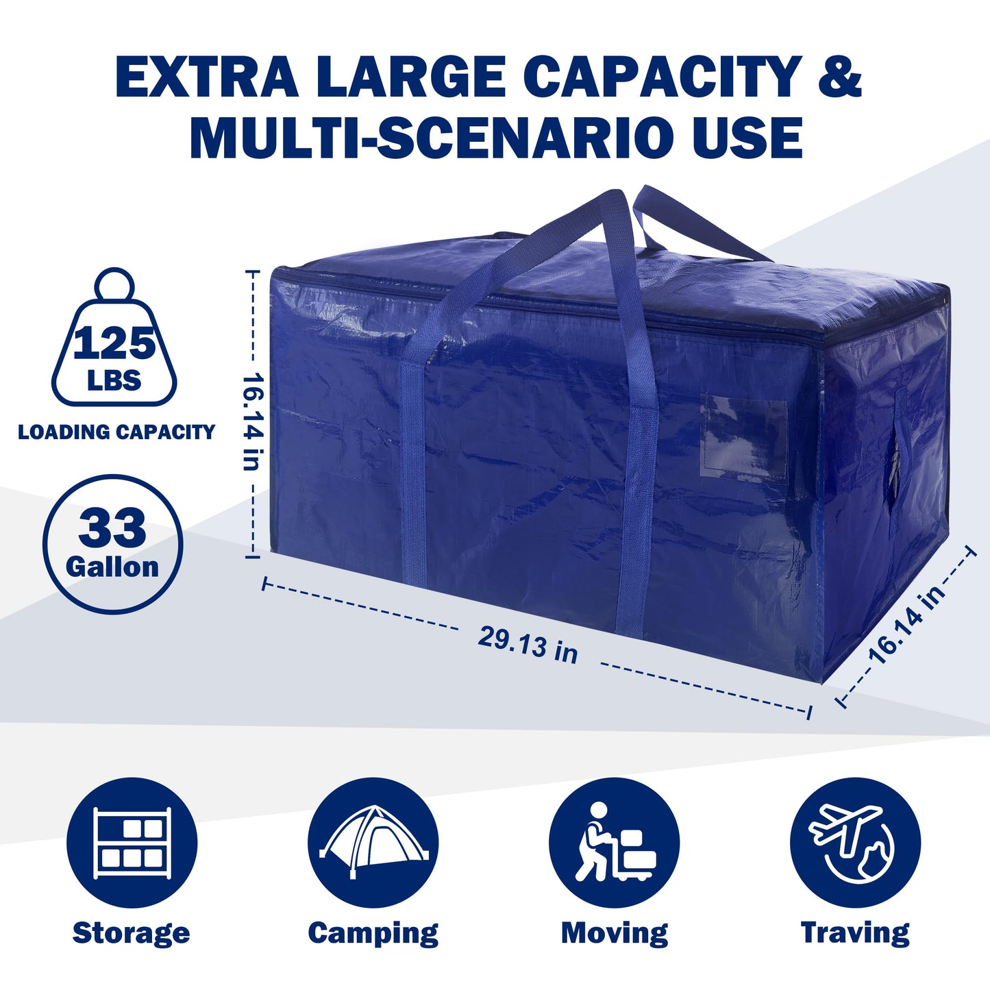 8 Pack Extra Heavy Duty Large Moving Bags with Strong Zipper & Carrying Handles, Sturdy Clothes Storage Bag Totes Bins, Packing Bags Moving Boxes College Moving Supplies, Dark Blue - 33 gal