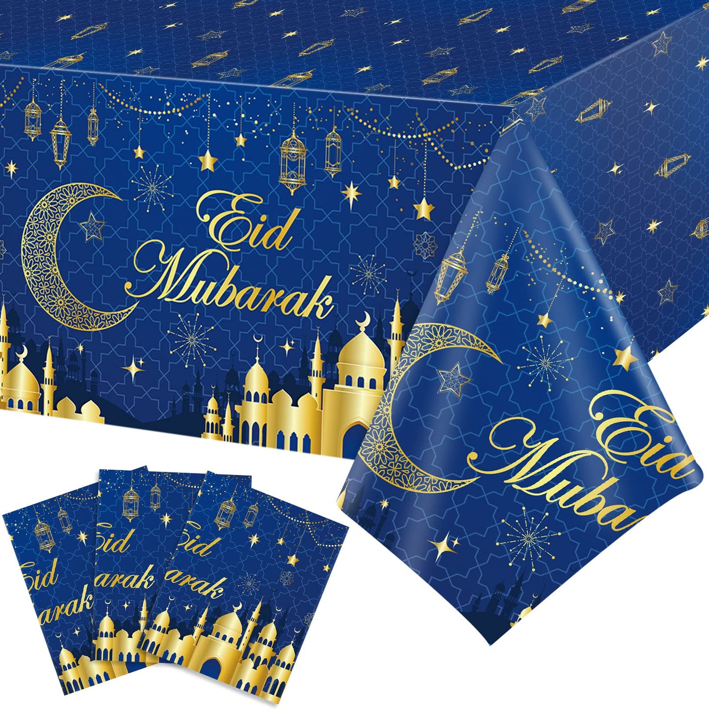 3 Pcs Eid Mubarak Tablecloth 54" x 108" Plastic Ramadan Table Cloth Disposable Rectangle Ramadan Kareem Table Covers Muslim Islamic Moon Star Party Tablecloth for Eid Al Fitr Party Decoration Supplies