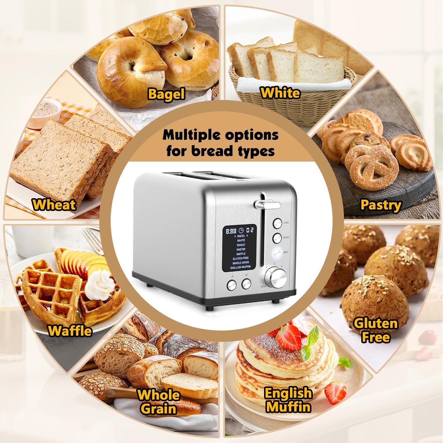 Skiennix 2-Slice Bagel Toaster - Stainless Steel with LED Timer & 6 Browning Levels | 825W Power