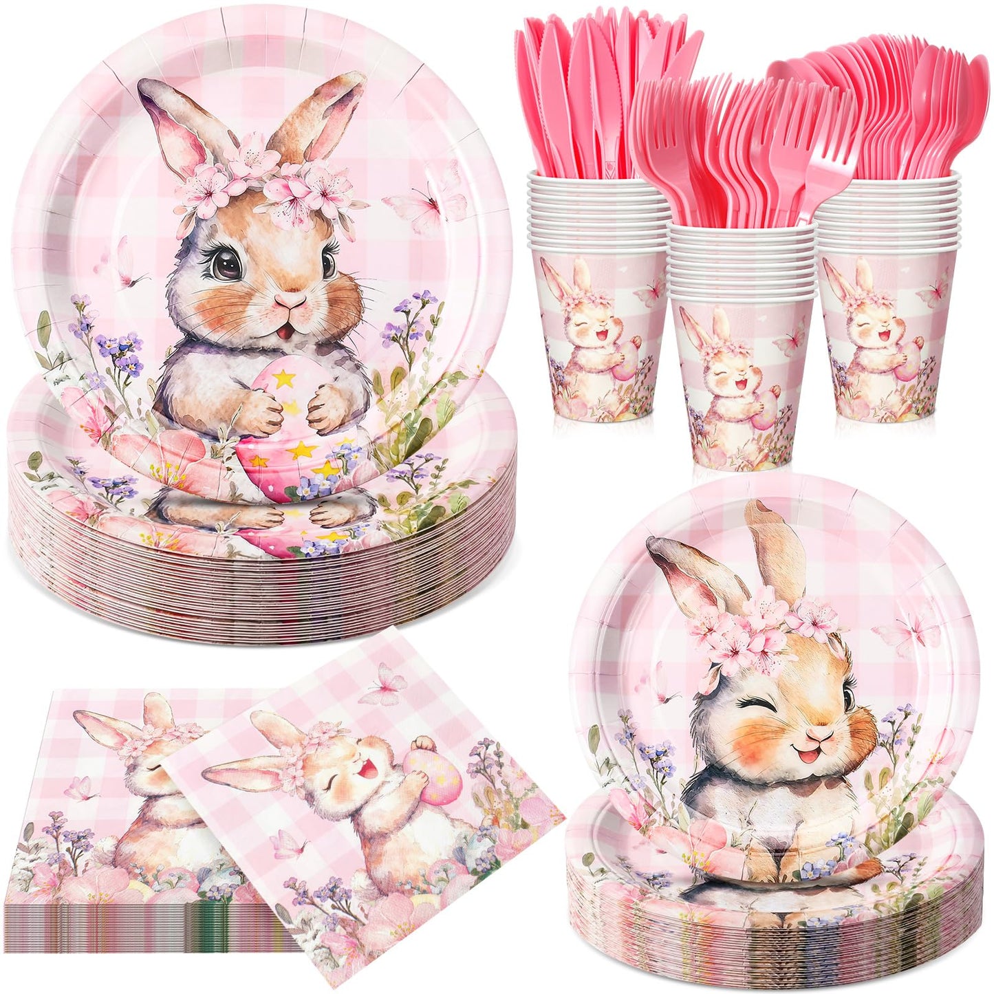 Honeydak 210 Pcs Pink Bunny Party Supplies for 30 Guests, Includes Spring Rabbit Plates, Cups, Napkins, Cutlery - Cute Pink Bunny Tableware Decoration for Baby Shower Easter Party