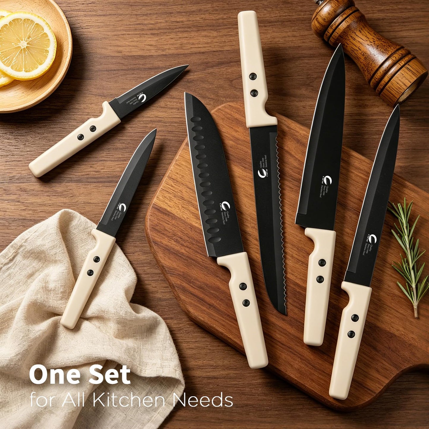 CuCut 12-Piece Kitchen Knife Set, Nonstick Coating Chef Knives Set with 6 Blade Guards, Double Rivets, Dishwasher Safe, High Carbon Stainless Steel Blades for Cooking, Cutting, Chopping
