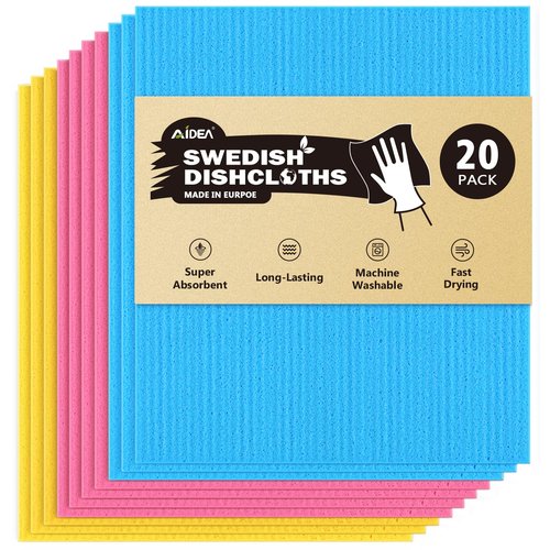 AIDEA Swedish Dishcloths for Kitchen, 20PK, Reusable Paper Towels, Kitchen Washcloths Dish Rags, Eco Friendly No Odor Reusable Cleaning Cloths, Cellulose Sponge Cloths, 7"×6"