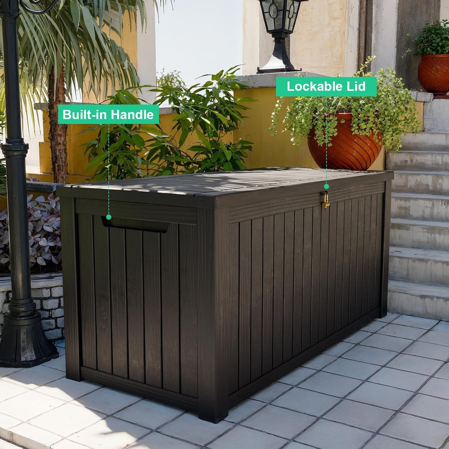 Skiennix 200 Gallon Outdoor Deck Box - Lockable Waterproof Storage for Garden Tools & Cushions | Black