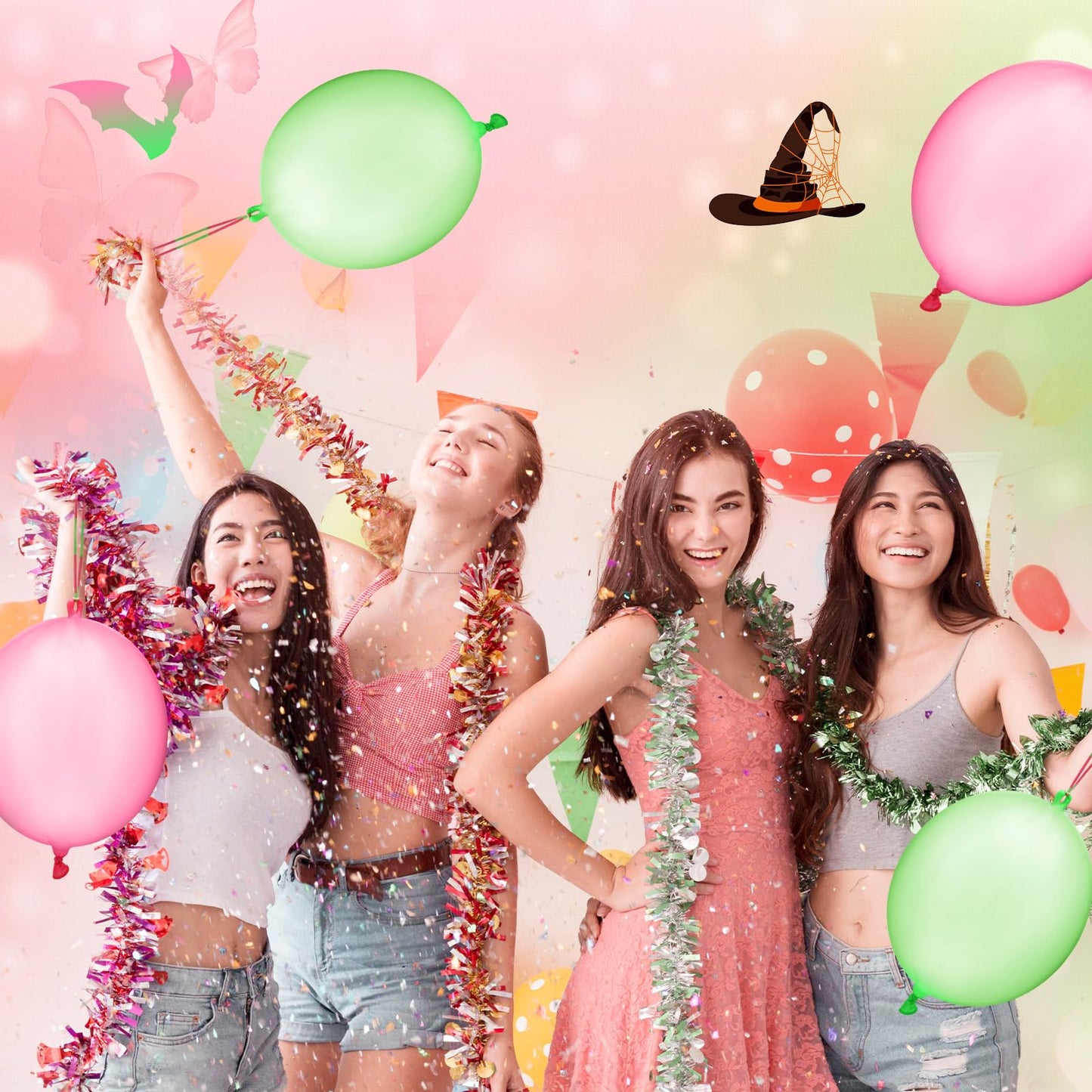 Charnoel 24 Pcs Pink and Green Gift Pink and Green Punch Balloons Bounce with Rubber Band Handle Witch Party Punching Balloons with Colored Rubber Band Handle for Birthday