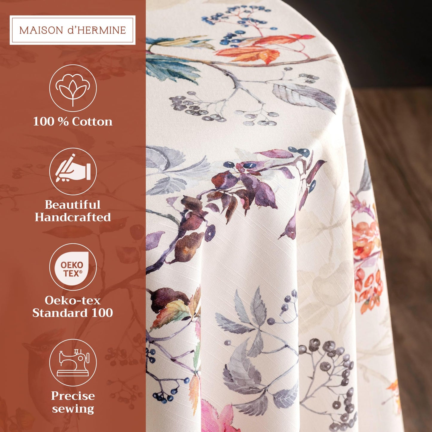 Maison d' Hermine Table Cloth Round Table 100% Cotton 63 Inches Fall Tablecloth Reusable Everyday Use for Thanksgiving Christmas Decorations Dining Farmhouse Party (Equinoxe - Beige)