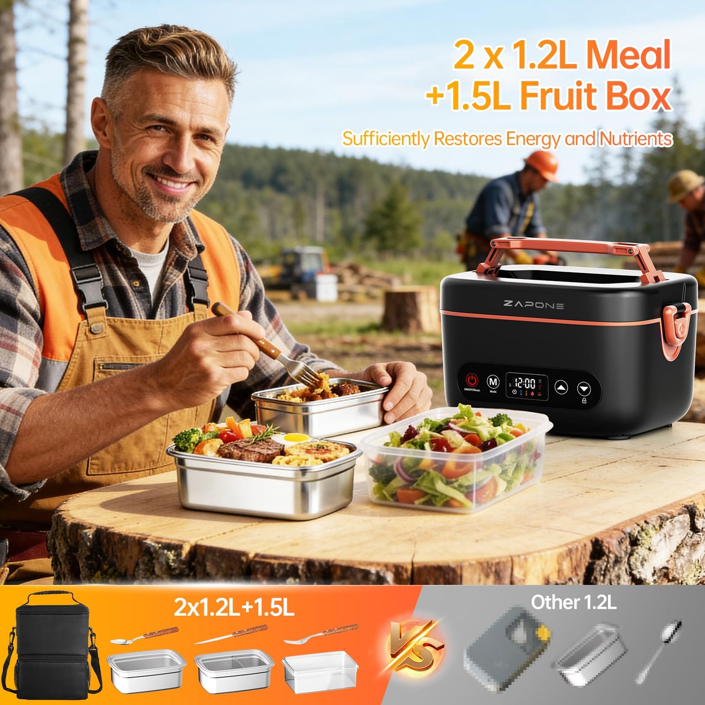 Zapone 2X1.2L Cordless Electric Lunch Box For Adults,6x4000mAh Rechargeable lunch box Upgared 100W 5D Surround Heat Tech,Food Warmer 220°F Max,with Dual Insulated Bag,BPA Free,Brown