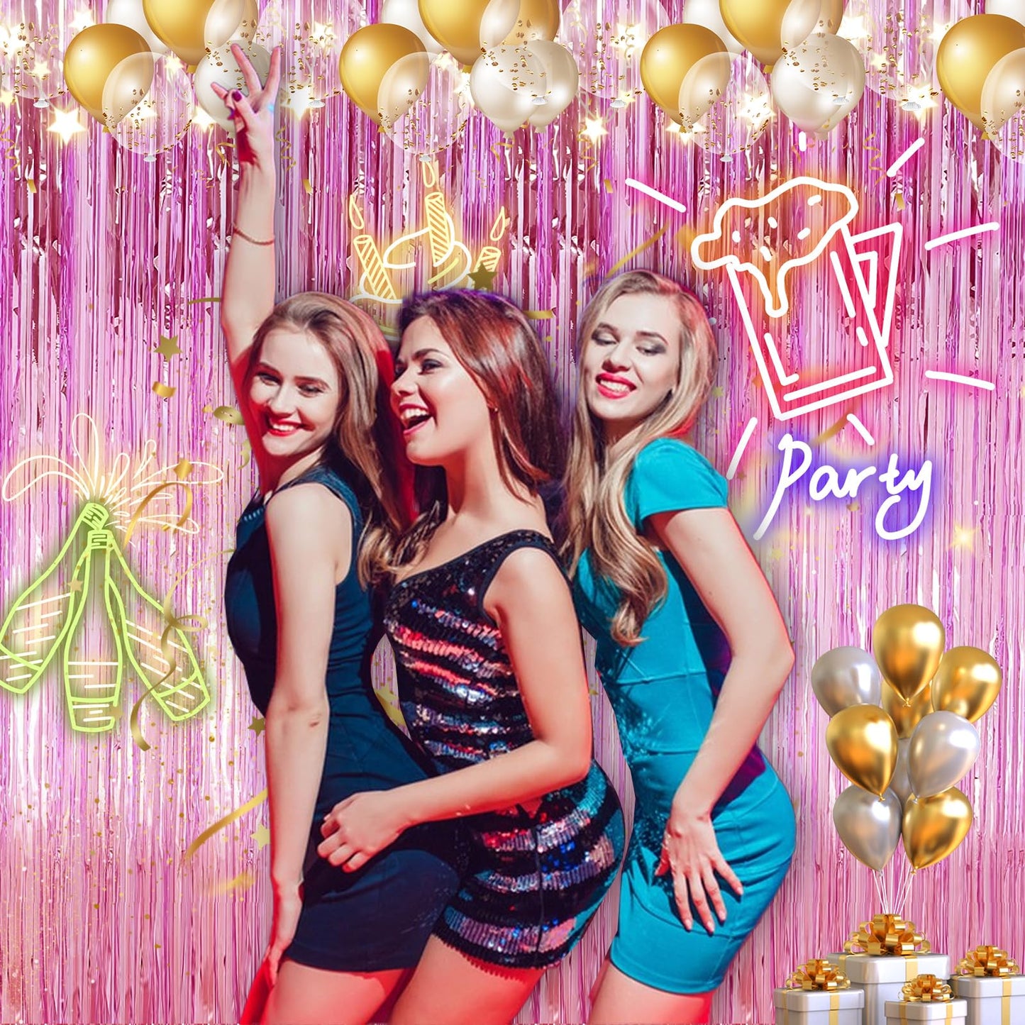 2 Pack 3.28 ft x 6.56 ft Pink Tinsel Curtain Party Backdrop Decorations, Metallic Foil Fringe Backdrop Door for Halloween, Christmas, Birthday Graduation Wedding Party Streamers Photo Backdrop.