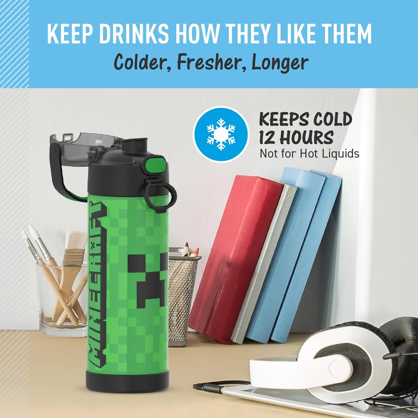 THERMOS FUNTAINER 16 Ounce Stainless Steel Vacuum Insulated Bottle - Wide Spout Lid | MINECRAFT Design
