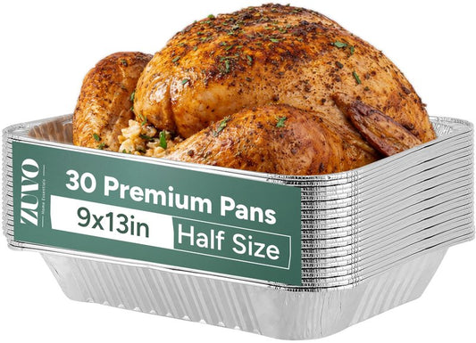 Zuvo 9x13 Aluminum Foil Pans (30 Pack) - Disposable Half Size Deep Steam Table Pans, Heavy Duty Tin Foil Trays for Roasting Turkey, Lasagna, Casseroles - Thanksgiving, Christmas, BBQ, Catering