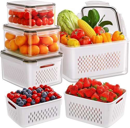 5-Pack Fruit Storage Containers - Leakproof Fridge Organizer with Removable Colanders | Ideal for Produce & Vegetables