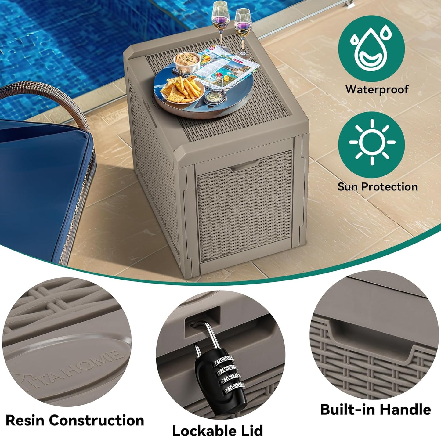 YITAHOME 32 Gallon Outdoor Storage Box - Water Resistant Resin Deck Container for Patio & Garden (Brown)