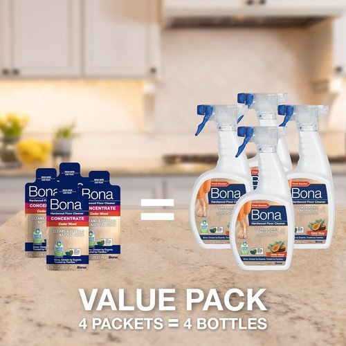 Bona Hardwood Floor Cleaner Concentrate - Cedar Wood Scent, 1 Fl Oz, Pack of 4 | Residue-Free Cleaning Solution for Wood Floors