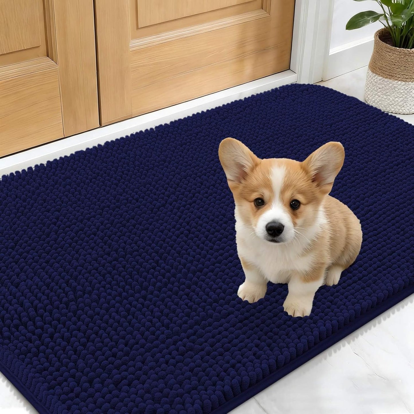 OLANLY Dog Door Mat - Absorbent Non-Slip Chenille Mat for Muddy Paws | 30x17 Inches, Navy Blue