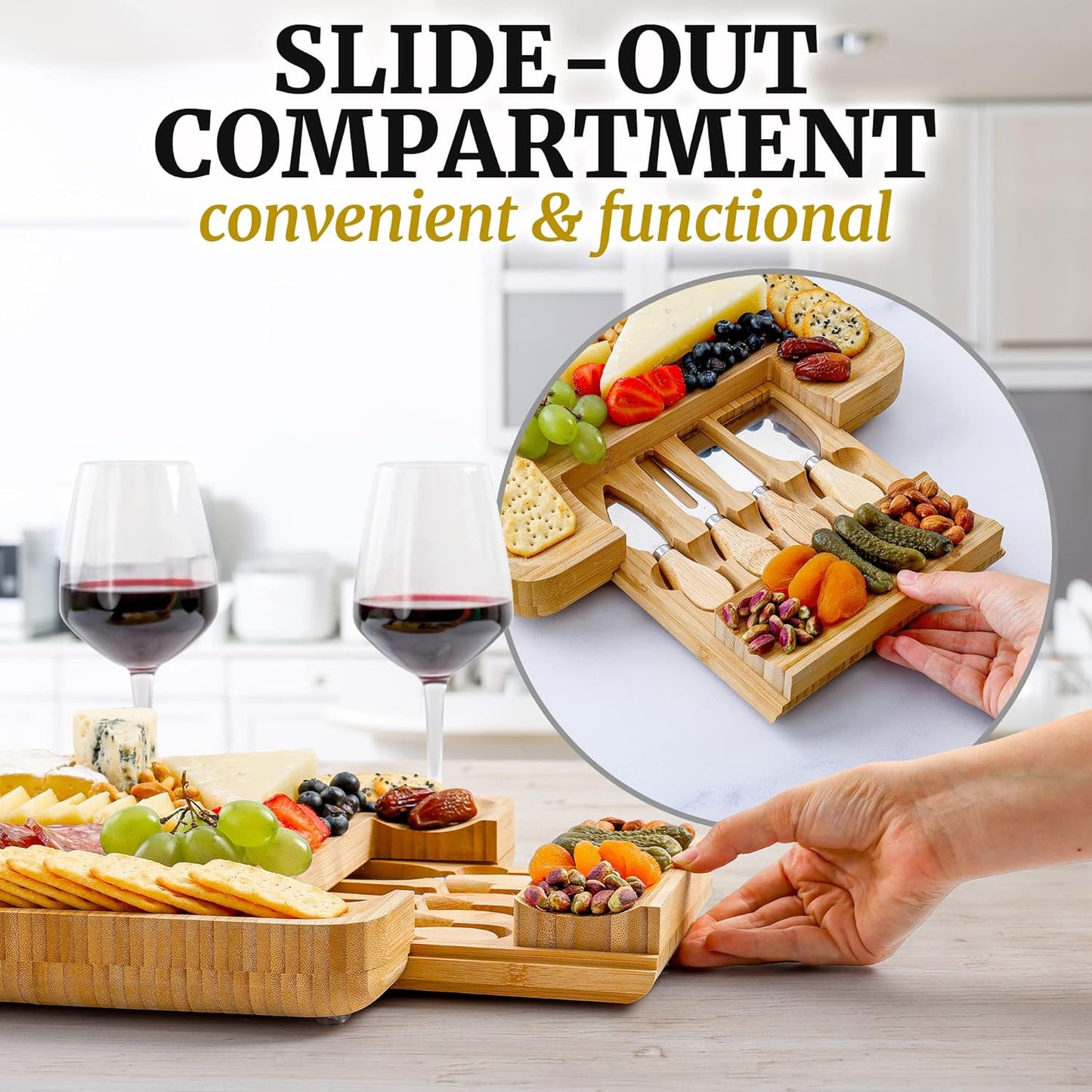 Zulay Kitchen Bamboo Cheese Board Set - Extra Thick Charcuterie Board with 4-Piece Knife Set | Perfect for Wine & Cheese Gifts